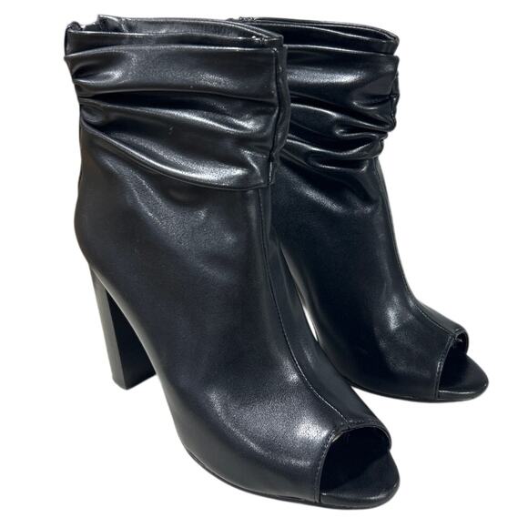 FSJ Womens Size 8 Black 4" Chunky Heel Ankle Boots Round Peep Toe Back Zip Shoes - Picture 6 of 9